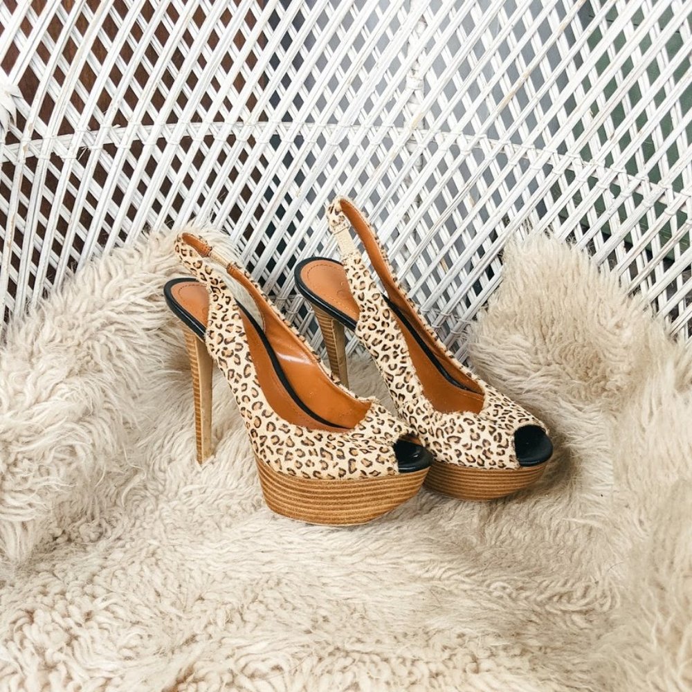 Leopard Print Calf Hair Peep Toe Stilettos